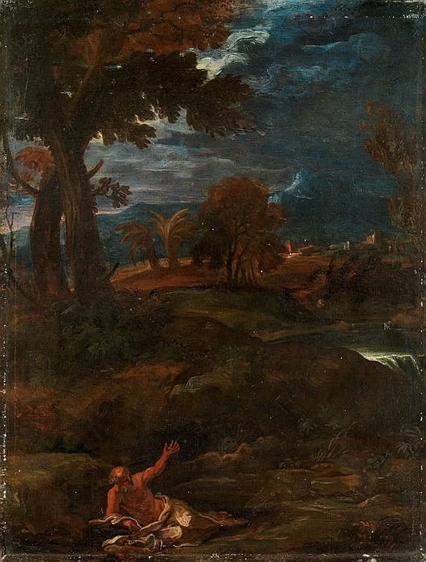 Paesaggio boschivo notturno con Sant'Anacoreta